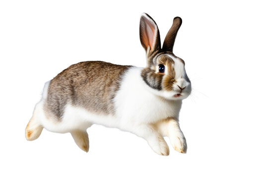 a high quality stock photograph of a single jumping happy bunny rabbit isolated on a white background