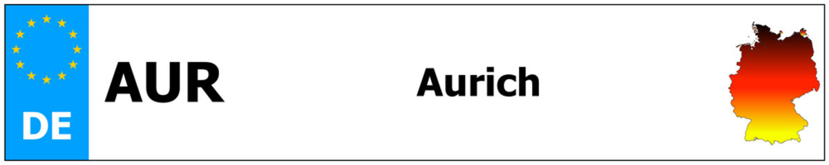 Aurich car licence plate sticker name and map of Germany. Vehicle registration plates frames German number