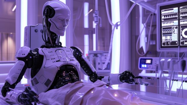 Advanced Robotics in Medicine: Futuristic Humanoid Robot Performing Surgical Procedure in a High-Tech Operating Room Illuminated by Neon Lights