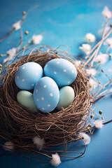 Fototapeta na wymiar Blue Easter eggs with white dots and small pastel green eggs in bird nest with white flowers in background