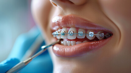 A dentist is fixing teeth or cleaning braces on a man or woman.