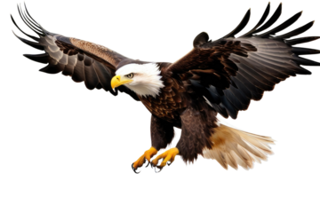 a high quality stock photograph of a single flying happy eagle isolated on a white background