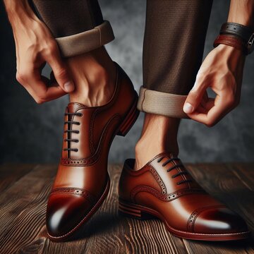 Elegance Defined: A Close-Up of a Person Adjusting Their Polished Leather Dress Shoes, Men's shoes.