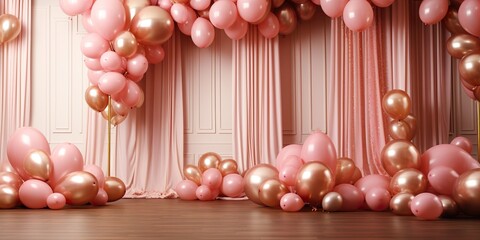 pink with golden curtain birthday stage with baloons frames - obrazy, fototapety, plakaty