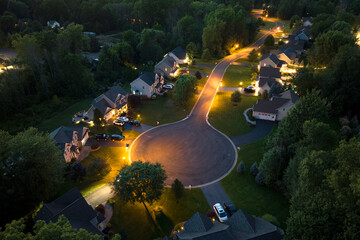 Spacious new single family homes in upstate New York residential area at night. Real estate...