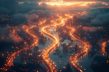 As the sun sets, the sky becomes a canvas for the city's illuminated buildings, captured in a stunning aerial photograph showcasing the perfect blend of nature and human innovation - obrazy, fototapety, plakaty