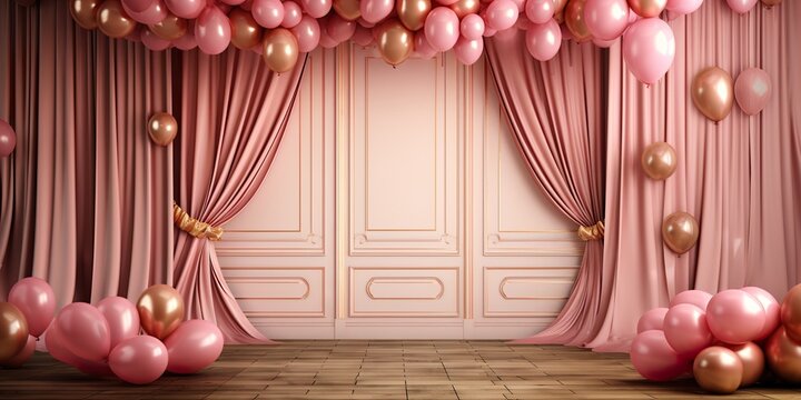 pink with golden curtain birthday stage with baloons frames