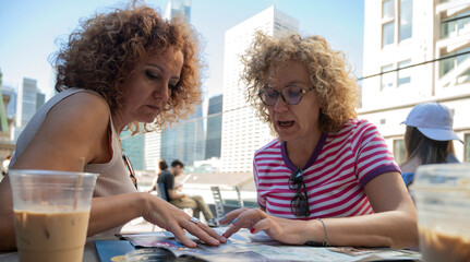 Two women discussing over a city map on a sunny rooftop cafe with urban skyline.