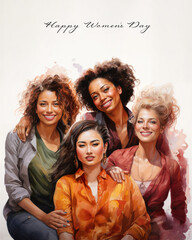 Watercolor art celebrating women's day, diverse female friendship and solidarity