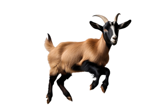 a high quality stock photograph of a single jumping happy goat isolated on a white background