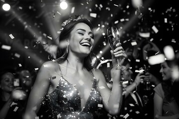 A woman in a sparkly dress smiles under falling confetti holding champagne. Concept Outdoor Photoshoot, Festive Attire, Celebration, Champagne Toast, Sparkling Confetti