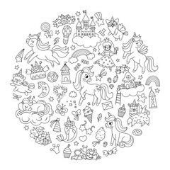 Vector black and white round frame for unicorn party. Fairytale line card template design for banners, invitations, postcards, social media. Cute magic fantasy world illustration or coloring page.