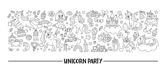 Vector horizontal black and white set for unicorn party. Fairytale line card template design for banners, invitations, postcards. Cute magic fantasy world illustration or coloring page.