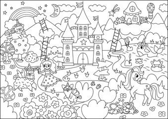 Obraz premium Vector black and white unicorn themed landscape illustration. Fairytale line scene with castle, rainbow. Magic nature background with fairy, animals. Fantasy world coloring page for kids.
