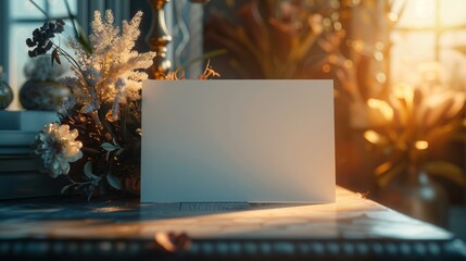 Illustration of realistic blank white invitation paper neatly placed on a table. Decorated with elegant décor and boho-inspired decorative elements. invitation announcement paper