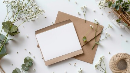 Illustration of realistic blank white invitation paper neatly placed on a table. Decorated with elegant décor and boho-inspired decorative elements. invitation announcement paper