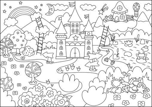 Vector black and white unicorn themed landscape illustration. Fairytale line scene with castle, rainbow, forest, treasures, garden. Magic nature background. Fantasy world coloring page for kids.