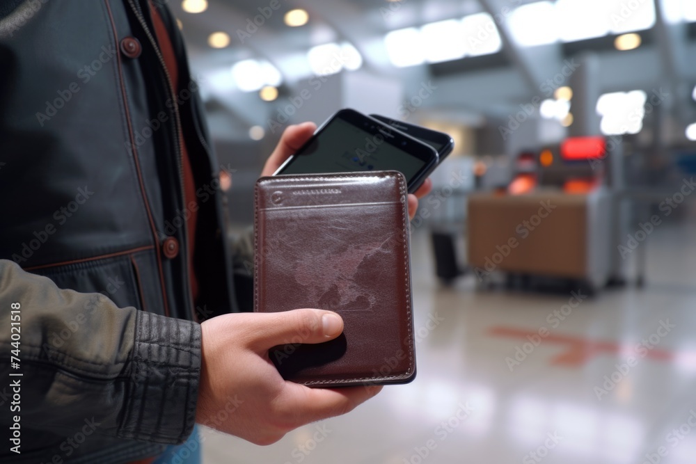 Poster a person holding a wallet and a cell phone. suitable for finance and technology concepts
