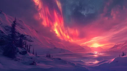Rolgordijnen Enchanting Aurora Above a Snowy Mountainous Landscape © slonme