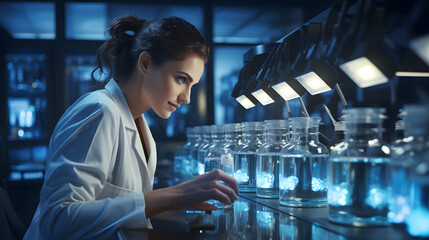 young female scientist is checking her samples in a lab - obrazy, fototapety, plakaty