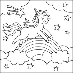 Vector black and white square background with unicorn running above the rainbow under night sky. Magic world line scene. Fairytale landscape coloring page. Cute horse illustration for kids .