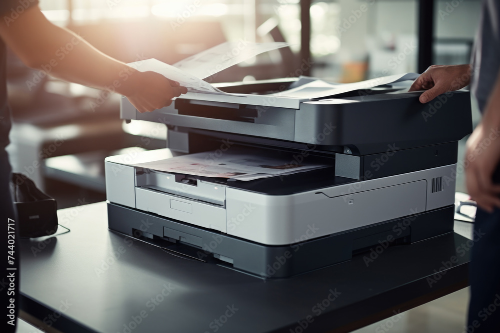 Poster A man is inserting a piece of paper into a printer. Can be used for office or technology concepts