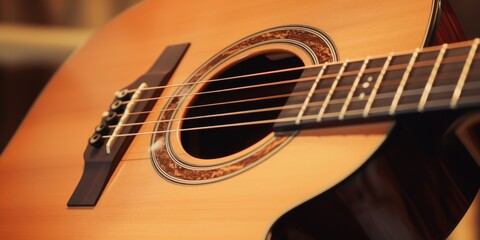 Close up of a guitar with strings, perfect for music related projects