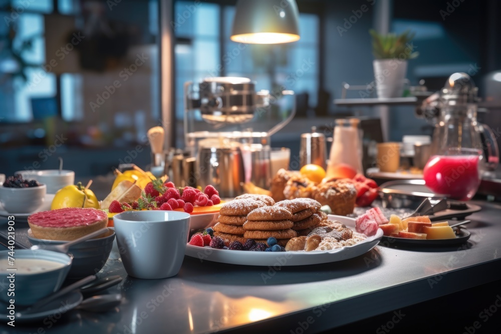 Poster a table with plates of food and bowls of fruit. suitable for food and dining concepts