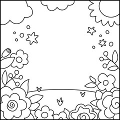 Vector black and white abstract background with flower garden, sun, clouds. Magic or fantasy world line scene. Cute fairytale vertical nature landscape or coloring page. Spring illustration for kid