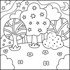 Vector black and white abstract background with magic forest, trees stars. Magic or fantasy world line scene. Cute fairytale square nature landscape or coloring page. Night sky illustration for kids .