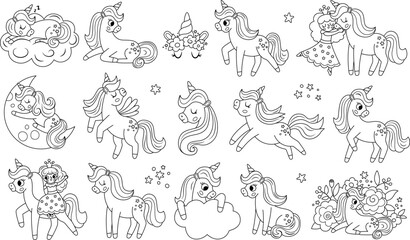 Vector black and white unicorn set. Fantasy animal line collection with horn, mane. Fairytale horse character sitting, running, hugging with fairy. Cartoon magic creature icon, coloring page. - obrazy, fototapety, plakaty