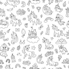 Vector black and white unicorns seamless pattern. Repeat background with fairytale characters, animals with horn, rainbow, falling star, crystal. Fantasy world digital paper with castle, princess