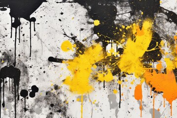 Abstract black and white painting with yellow paint splatters, suitable for artistic projects