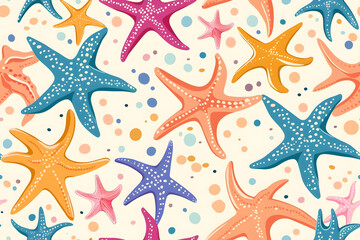 Fototapeta na wymiar Cute cartoon starfish and seashells background.