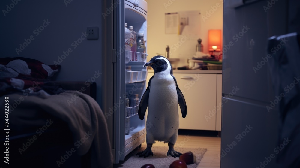 Poster a penguin standing in front of an open refrigerator, suitable for various food and kitchen-related c