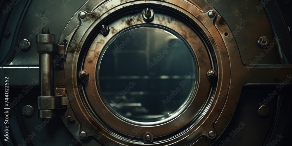 Poster round metal window reflecting a building, suitable for architectural concepts