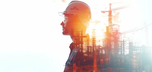 Double exposure of Engineer and oil refinery. Concept of Industry 4.0 - obrazy, fototapety, plakaty