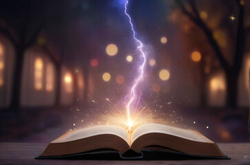 open magic book with illuminating lightning