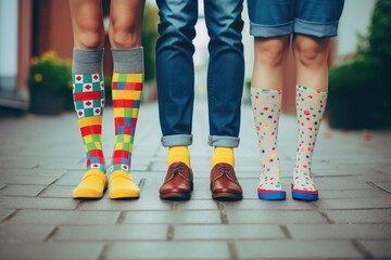 A diverse group of people standing together in colorful socks. Perfect for fashion or diversity concepts - obrazy, fototapety, plakaty