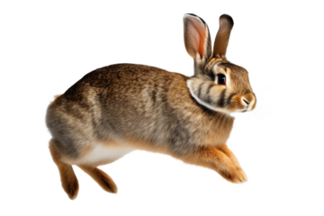 a high quality stock photograph of a single jumping happy rabbit isolated on a white background
