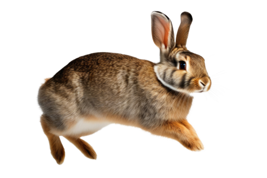 a high quality stock photograph of a single jumping happy rabbit isolated on a white background