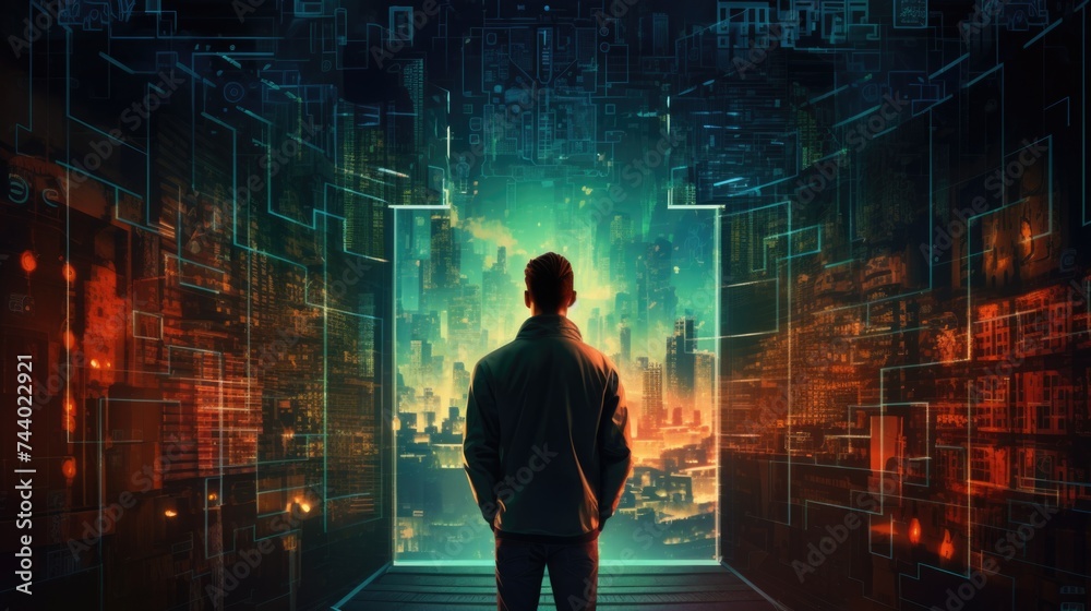 Poster a man standing in a dark room with a view of the city in the background. ideal for urban concept des