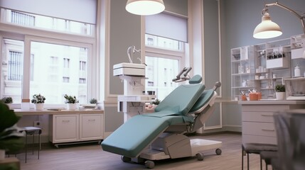 A dentist's chair placed in a room. Suitable for dental clinic concepts - obrazy, fototapety, plakaty