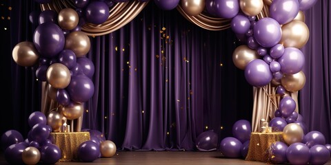 purple with golden curtain birthday stage with frames and balloons
