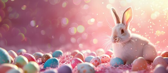 Fototapeta na wymiar Banner white rabbit and easter eggs on pink background