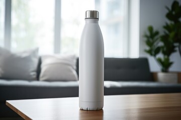 White water bottle on wooden table, perfect for hydration ads