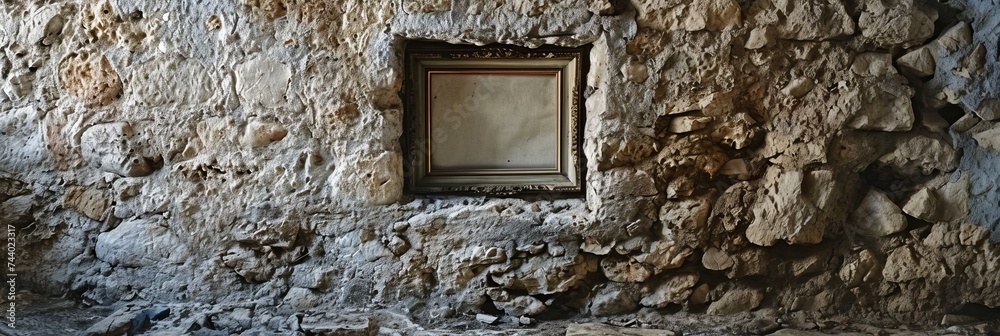 Wall mural Blank antique wooden picture frame hangs on an old stone wall with sunbeams