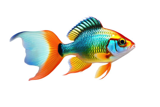 a high quality stock photograph of a single happy rainbow fish isolated on a white background