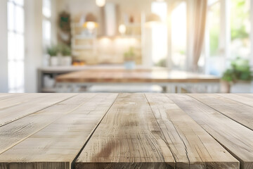 Empty wood table and blur modern kitchen interior background.