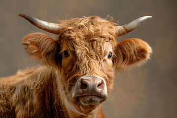 Cute cow with funny face on background.